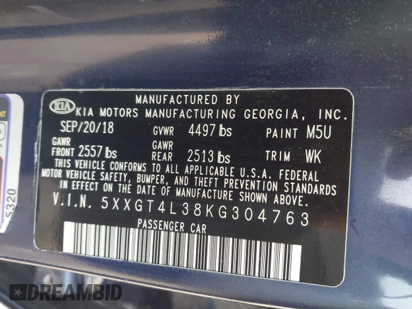 2019 Kia Optima LX with VIN 5XXGT4L38KG304763, listed as a IAAI auction lot 41977858 with 143,569 mi miles. Bid and sale history available at carsss.com. Image 9.