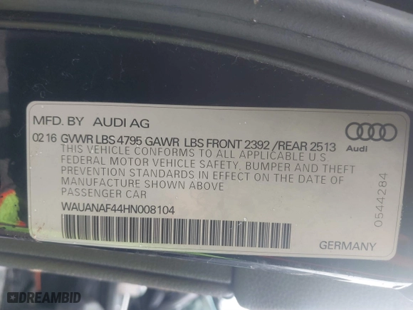 2017 Audi A4 Premium with VIN WAUANAF44HN008104, listed as a IAAI auction lot 41715805 with 130,254 mi miles. Bid and sale history available at carsss.com. Image 9.