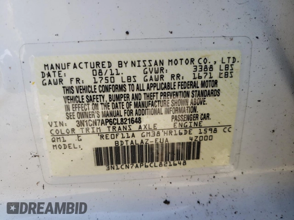2012 Nissan Versa SV with VIN 3N1CN7AP6CL821648, listed as a Copart auction lot 63404034 with 0 mi miles and Salvage Title. Bid and sale history available at carsss.com. Image 12.