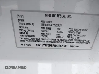 2021 Tesla Model Y Performance with VIN 5YJYGDEF1MF262930, listed as a IAAI auction lot 41606321 with 28,882 mi miles and . Bid and sale history available at DreamBid. Image 9.