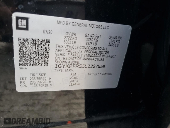 2020 Cadillac XT6 AWD Premium Luxury with VIN 1GYKPFRS5LZ227559, listed as a Copart auction lot 76241174 with 0 mi miles and Salvage Title. Bid and sale history available at carsss.com. Image 14.