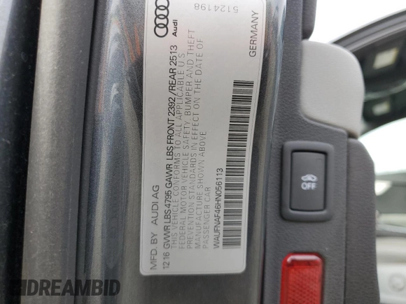 2017 Audi A4 Prestige with VIN WAUFNAF46HN056113, listed as a Copart auction lot 49492565 with 0 mi miles and Salvage Title. Bid and sale history available at carsss.com. Image 12.