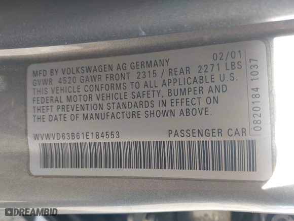 2001 Volkswagen Passat GLS with VIN WVWVD63B61E184553, listed as a IAAI auction lot 41939831 with 74,225 mi miles. Bid and sale history available at carsss.com. Image 9.