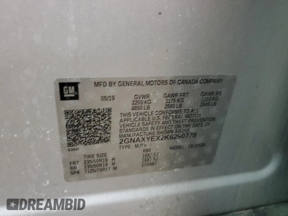 2019 Chevrolet Equinox Premier with VIN 2GNAXYEX2K6290778, listed as a Copart auction lot 53099615 with 89,911 mi miles and Salvage Title. Bid and sale history available at DreamBid. Image 12.