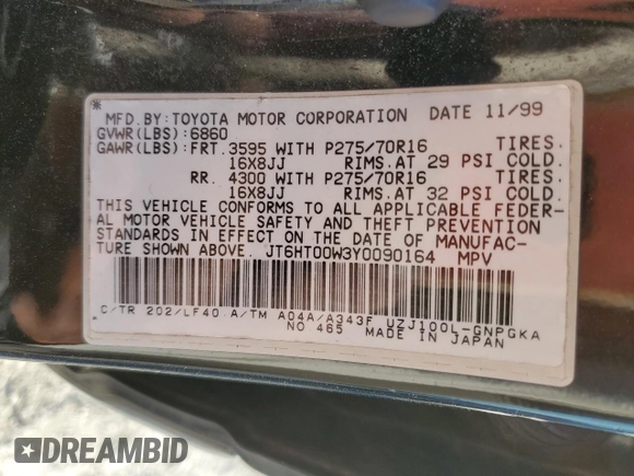 2000 Lexus LX 470 z VIN JT6HT00W3Y0090164, wystawiony jako Copart lot #41338515 z przebiegiem 209 338 mil mil oraz Szkoda całkowita • Salvage title. Historia ofert i sprzedaży dostępna na DreamBid. Obrazek 13.