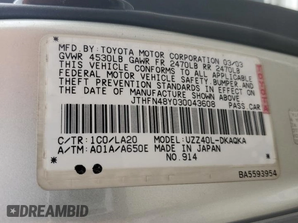 2003 Lexus SC with VIN JTHFN48Y030043608, listed as a Copart auction lot 76391144 with 245,943 mi miles and Salvage Title. Bid and sale history available at carsss.com. Image 12.