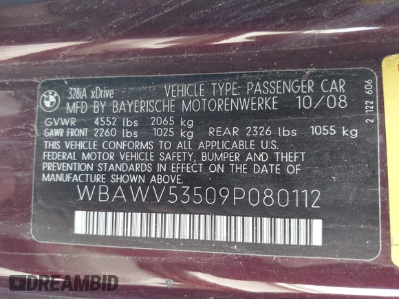 2009 BMW 3 Series 328i xDrive with VIN WBAWV53509P080112, listed as a IAAI auction lot 41866146 with 108,959 mi miles and . Bid and sale history available at carsss.com. Image 9.