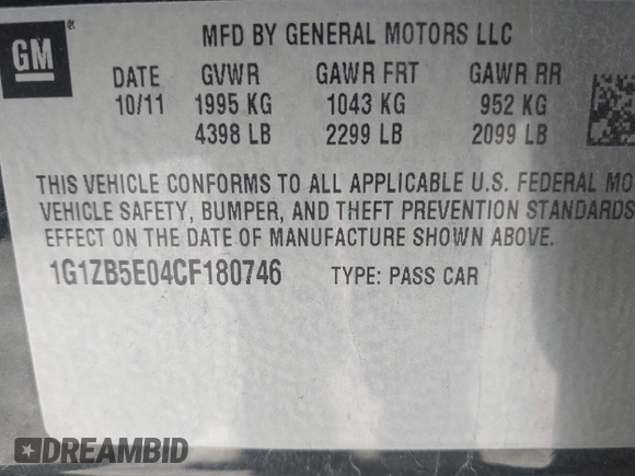 2012 Chevrolet Malibu 1LS with VIN 1G1ZB5E04CF180746, listed as a IAAI auction lot 41866051 with 140,002 mi miles and . Bid and sale history available at DreamBid. Image 9.
