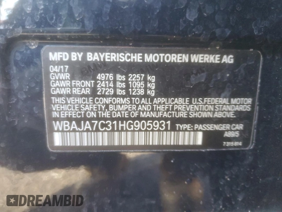 2017 BMW 5 Series 530i xDrive with VIN WBAJA7C31HG905931, listed as a Copart auction lot 50014175 with 107,630 mi miles and Salvage Title. Bid and sale history available at carsss.com. Image 15.