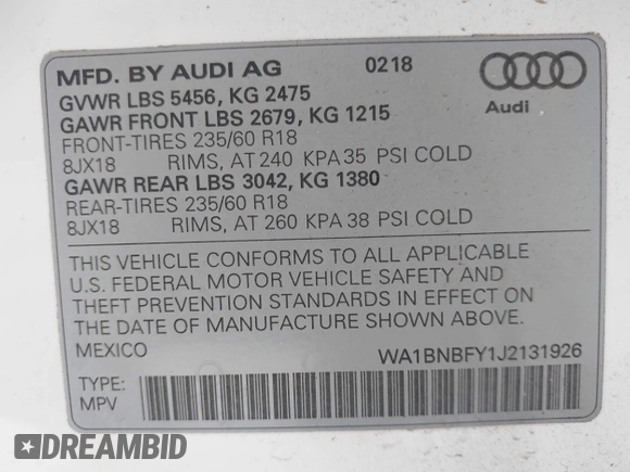 2018 Audi Q5 with VIN WA1BNBFY1J2131926, listed as a IAAI auction lot 42328714 with 79,752 mi miles and . Bid and sale history available at DreamBid. Image 9.