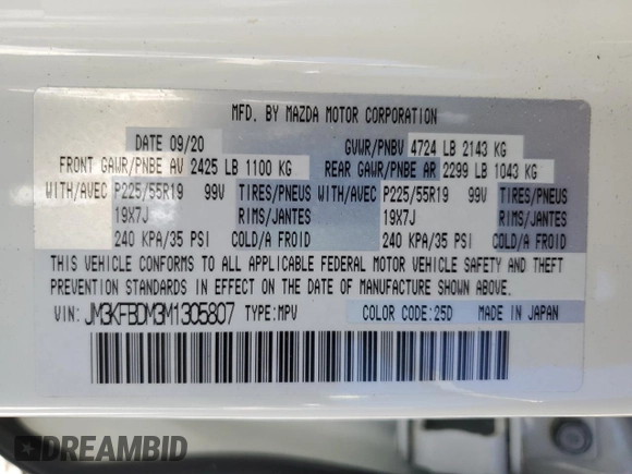 2021 Mazda CX-5 Grand Touring with VIN JM3KFBDM3M1305807, listed as a Copart auction lot 42713655 with 58,162 mi miles and Salvage Title. Bid and sale history available at DreamBid. Image 15.