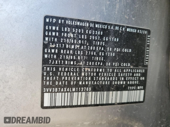 2020 Volkswagen Tiguan SE z VIN 3VV3B7AX4LM113769, wystawiony jako Copart lot #52862055 z przebiegiem 95 920 mil mil oraz Szkoda całkowita • Salvage title. Historia ofert i sprzedaży dostępna na DreamBid. Obrazek 14.