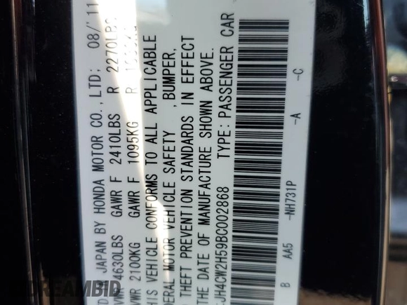 2011 Acura TSX z VIN JH4CW2H59BC002868, wystawiony jako Copart lot #52769595 z przebiegiem 101 954 mil mil oraz Szkoda całkowita • Salvage title. Historia ofert i sprzedaży dostępna na DreamBid. Obrazek 15.