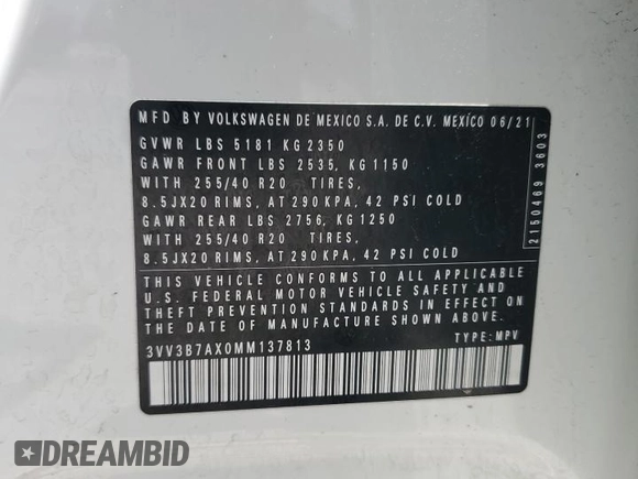 2021 Volkswagen Tiguan SE z VIN 3VV3B7AX0MM137813, wystawiony jako Copart lot #59797985 z przebiegiem 48 958 mil mil oraz Szkoda całkowita • Salvage title. Historia ofert i sprzedaży dostępna na DreamBid. Obrazek 14.