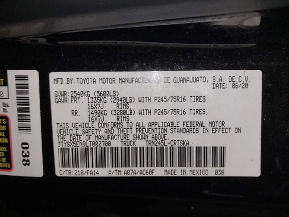 2020 Toyota Tacoma SR with VIN 3TYSX5EN9LT002700, listed as a IAAI auction lot 42295594 with 66,507 mi miles and . Bid and sale history available at DreamBid. Image 9.
