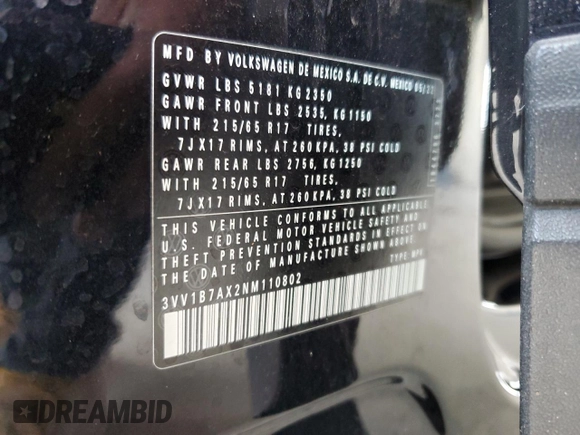 2022 Volkswagen Tiguan S с VIN 3VV1B7AX2NM110802, выставлен на аукционе Copart как лот 57135405 с пробегом 33 332 миль миль и На запчасти • Non repairable. История ставок и продаж доступна на DreamBid. Изображение 14.