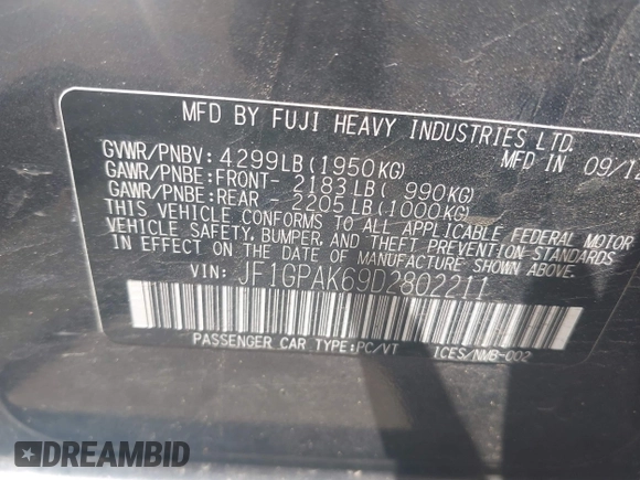 2013 Subaru Impreza Limited с VIN JF1GPAK69D2802211, выставлен на аукционе IAAI как лот 42518697 с пробегом 110 516 миль миль и . История ставок и продаж доступна на DreamBid. Изображение 9.