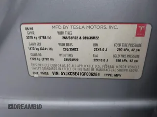 2016 Tesla Model X P90D with VIN 5YJXCBE41GF006284, listed as a IAAI auction lot 41809683 with 71,135 mi miles. Bid and sale history available at carsss.com. Image 9.