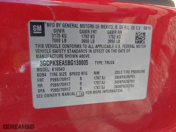 2011 Chevrolet Silverado 1500 LT with VIN 3GCPKSEA5BG130005, listed as a IAAI auction lot 41796510 with NaN miles. Bid and sale history available at carsss.com. Image 9.