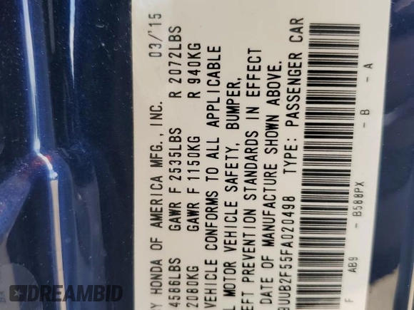 2015 Acura TLX Technology with VIN 19UUB2F55FA020498, listed as a Copart auction lot 61616285 with 124,970 mi miles and Salvage title. Bid and sale history available at DreamBid. Image 13.