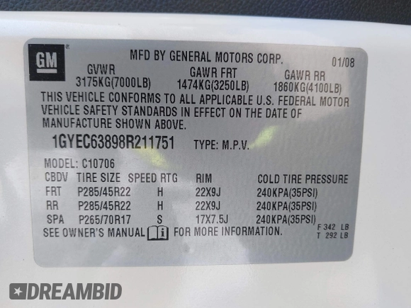 2008 Cadillac Escalade with VIN 1GYEC63898R211751, listed as a IAAI auction lot 41629711 with 126,899 mi miles. Bid and sale history available at carsss.com. Image 9.