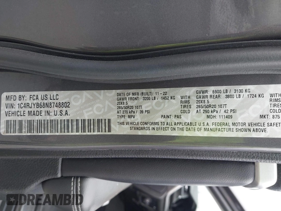 2022 Jeep Grand Cherokee with VIN 1C4RJYB68N8748802, listed as a IAAI auction lot 42158104 with 28,227 mi miles and . Bid and sale history available at DreamBid. Image 9.