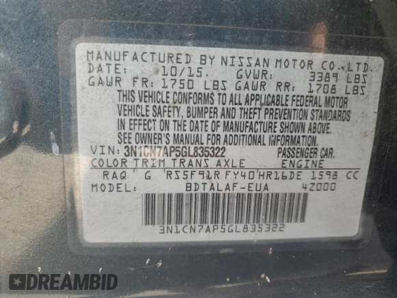 2016 Nissan Versa S with VIN 3N1CN7AP5GL835322, listed as a Copart auction lot 64558285 with 85,811 mi miles and Clean title. Bid and sale history available at DreamBid. Image 12.