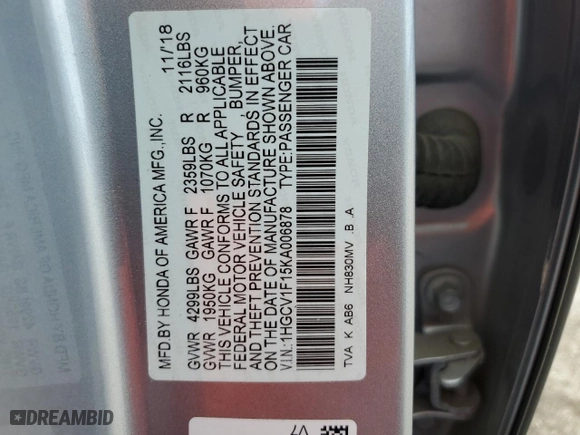 2019 Honda Accord Sedan LX 1.5T with VIN 1HGCV1F15KA006878, listed as a Copart auction lot 75835034 with 135,187 mi miles and Clean Title. Bid and sale history available at carsss.com. Image 12.