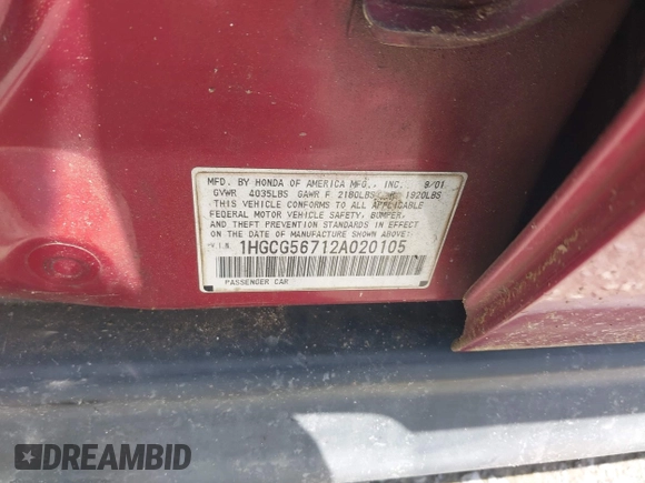 2002 Honda Accord SE z VIN 1HGCG56712A020105, wystawiony jako IAAI lot #42504254 z przebiegiem 317 533 mil mil oraz . Historia ofert i sprzedaży dostępna na DreamBid. Obrazek 9.