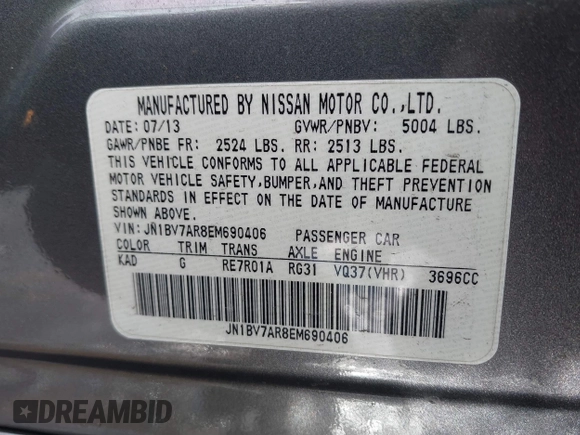 2014 Infiniti Q50 Premium with VIN JN1BV7AR8EM690406, listed as a IAAI auction lot 41525545 with 163,582 mi miles. Bid and sale history available at carsss.com. Image 9.