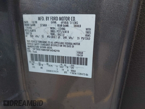 2009 Ford F-150 STX with VIN 1FTRX148X9FA04219, listed as a IAAI auction lot 42671492 with 152,462 mi miles and . Bid and sale history available at DreamBid. Image 9.