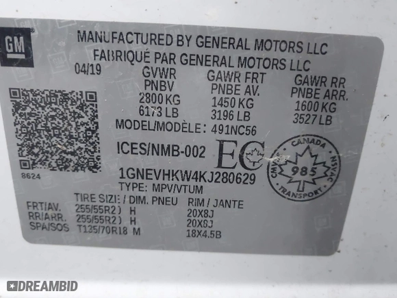 2019 Chevrolet Traverse LT Leather with VIN 1GNEVHKW4KJ280629, listed as a IAAI auction lot 41275434 with 34,562 mi miles. Bid and sale history available at carsss.com. Image 9.