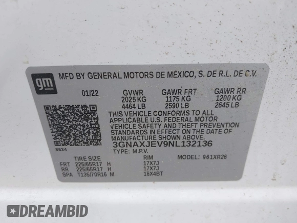 2022 Chevrolet Equinox LT z VIN 3GNAXJEV9NL132136, wystawiony jako IAAI lot #41976899 z przebiegiem 94 235 mil mil oraz . Historia ofert i sprzedaży dostępna na DreamBid. Obrazek 9.