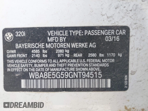2016 BMW 3 Series 320i xDrive с VIN WBA8E5G59GNT94515, выставлен на аукционе IAAI как лот 42548876 с пробегом 72 804 миль миль и . История ставок и продаж доступна на DreamBid. Изображение 9.