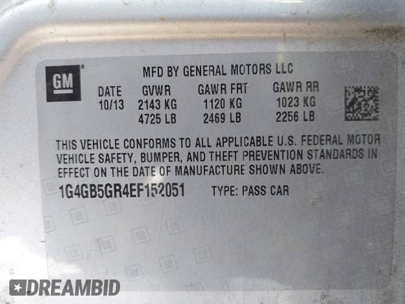 2014 Buick LaCrosse Leather with VIN 1G4GB5GR4EF152051, listed as a IAAI auction lot 42014778 with 128,136 mi miles and . Bid and sale history available at DreamBid. Image 9.