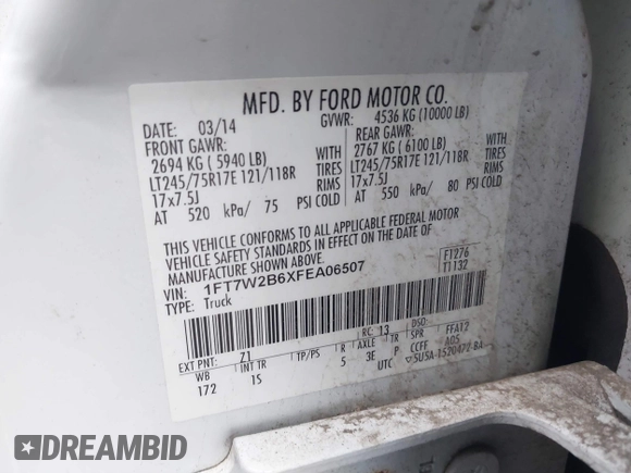 2015 Ford F-250 Lariat with VIN 1FT7W2B6XFEA06507, listed as a IAAI auction lot 41474246 with 185,267 mi miles and . Bid and sale history available at DreamBid. Image 9.