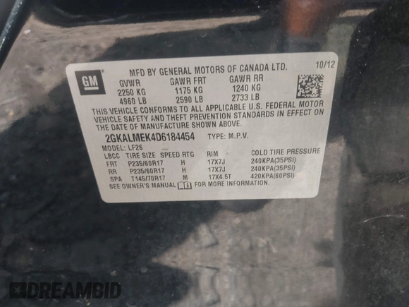 2013 GMC Terrain SLE with VIN 2GKALMEK4D6184454, listed as a IAAI auction lot 42746410 with 163,722 mi miles and . Bid and sale history available at DreamBid. Image 9.