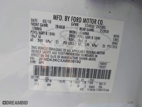 2010 Ford Edge Limited with VIN 2FMDK3KCXABB38192, listed as a IAAI auction lot 42001793 with 158,871 mi miles. Bid and sale history available at carsss.com. Image 9.