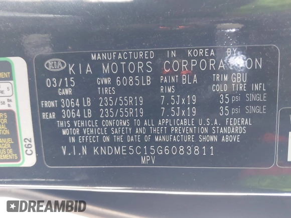 2016 Kia Sedona SX-L with VIN KNDME5C15G6083811, listed as a IAAI auction lot 41932863 with 124,218 mi miles. Bid and sale history available at carsss.com. Image 9.