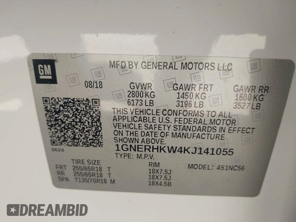 2019 Chevrolet Traverse LT with VIN 1GNERHKW4KJ141055, listed as a IAAI auction lot 41854639 with 44,675 mi miles and . Bid and sale history available at DreamBid. Image 9.
