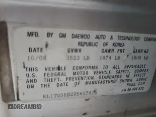 2009 Chevrolet Aveo 2LT with VIN KL1TG56E29B607616, listed as a Copart auction lot 62552825 with 118,947 mi miles and Salvage title. Bid and sale history available at DreamBid. Image 12.