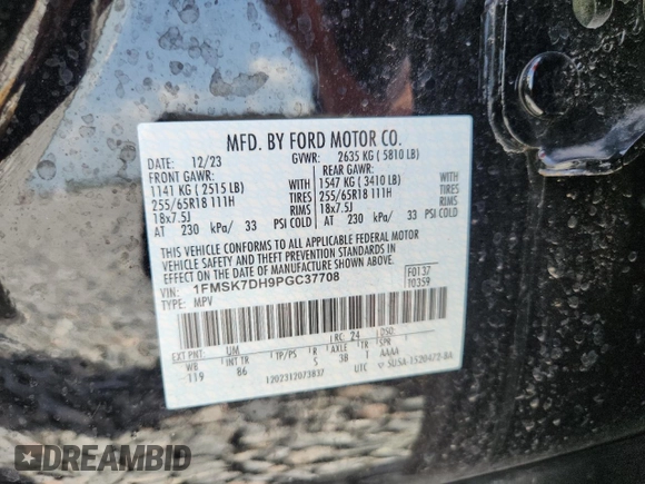 2023 Ford Explorer XLT with VIN 1FMSK7DH9PGC37708, listed as a Copart auction lot 60152715 with 17,697 mi miles and Salvage title. Bid and sale history available at DreamBid. Image 13.