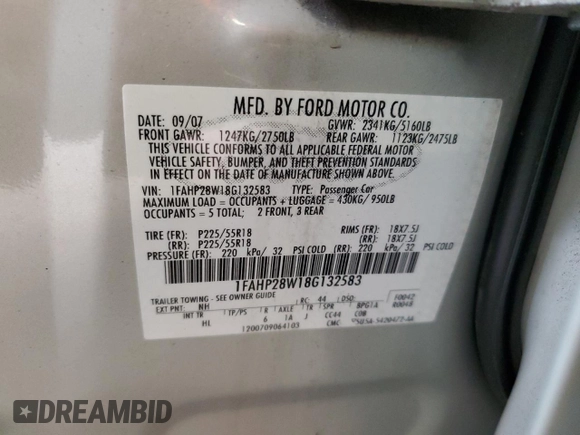 2008 Ford Taurus Limited with VIN 1FAHP28W18G132583, listed as a Copart auction lot 81483044 with 95,598 mi miles and Salvage Title. Bid and sale history available at carsss.com. Image 12.