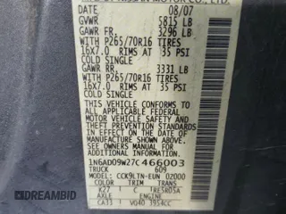 2007 Nissan Frontier SE with VIN 1N6AD09W27C466003, listed as a Copart auction lot 43709795 with 227,020 mi miles and Salvage Title. Bid and sale history available at carsss.com. Image 13.