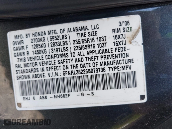 2006 Honda Odyssey LX с VIN 5FNRL38226B079736, выставлен на аукционе IAAI как лот 42305288 с пробегом Не указан миль и . История ставок и продаж доступна на DreamBid. Изображение 9.