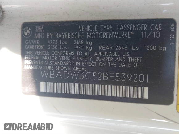 2011 BMW 3 Series 328i with VIN WBADW3C52BE539201, listed as a IAAI auction lot 41572349 with 205,932 mi miles. Bid and sale history available at carsss.com. Image 9.