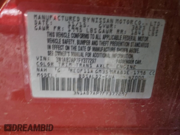 2015 Nissan Sentra SV with VIN 3N1AB7AP7FY377297, listed as a Copart auction lot 50177905 with 134,147 mi miles and Salvage Title. Bid and sale history available at DreamBid. Image 14.