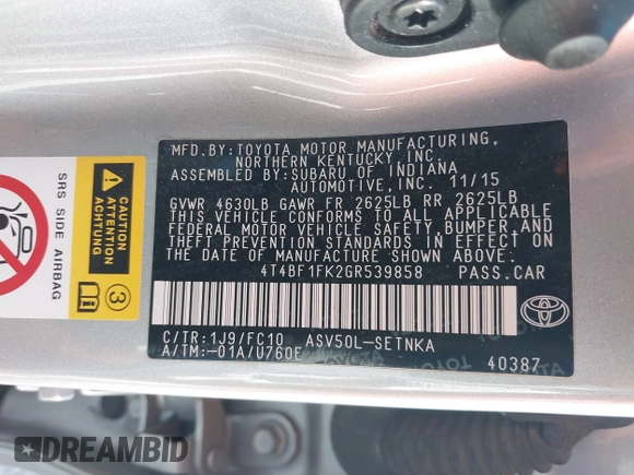 2016 Toyota Camry XLE with VIN 4T4BF1FK2GR539858, listed as a IAAI auction lot 42088911 with 49,488 mi miles and . Bid and sale history available at DreamBid. Image 9.