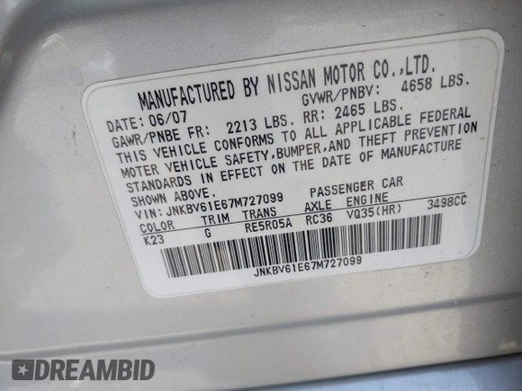 2007 Infiniti G35 Journey with VIN JNKBV61E67M727099, listed as a IAAI auction lot 42563868 with 144,938 mi miles and . Bid and sale history available at DreamBid. Image 9.