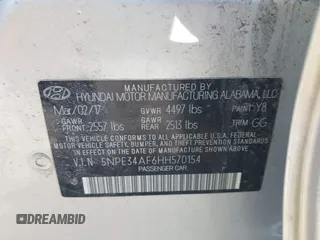 2017 Hyundai Sonata Sport with VIN 5NPE34AF6HH570154, listed as a IAAI auction lot 41991140 with 88,084 mi miles. Bid and sale history available at carsss.com. Image 9.